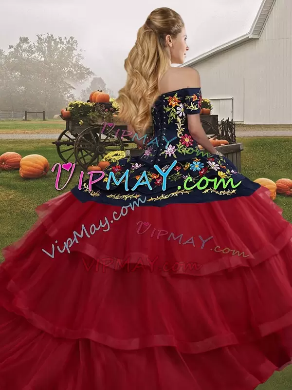 Custom Made Sleeveless Embroidery and Ruffled Layers Lace Up Ball Gown Prom Dress with Wine Red Brush Train