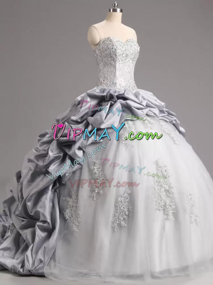 Silver Taffeta and Tulle Lace Up 15th Birthday Dress Sleeveless Brush Train Beading and Appliques and Pick Ups