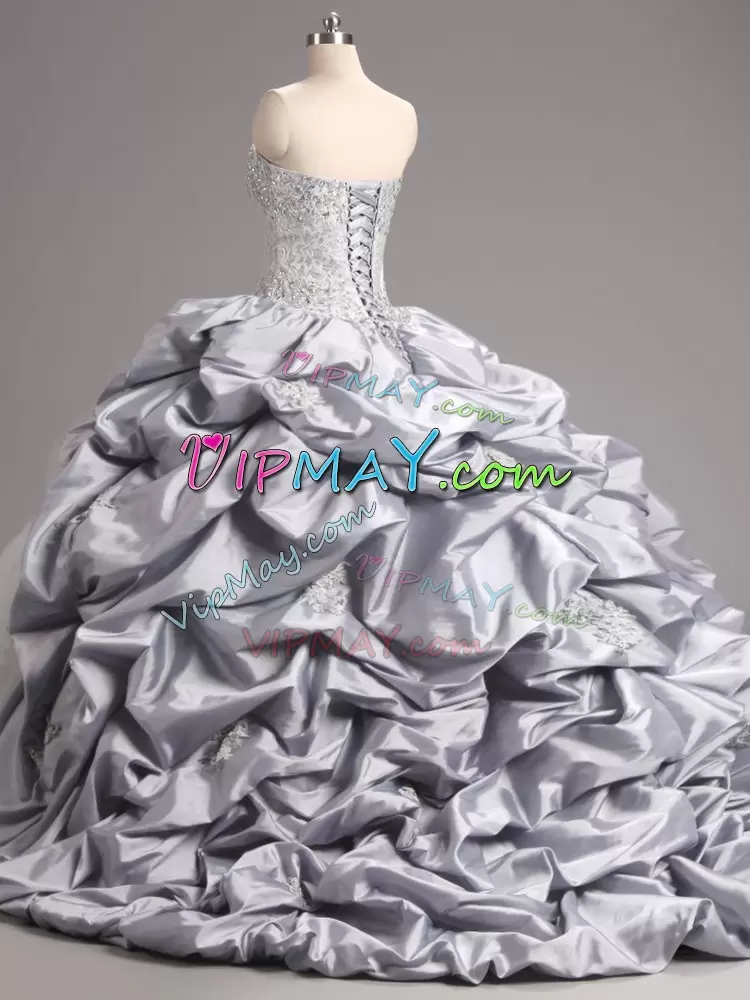 Silver Taffeta and Tulle Lace Up 15th Birthday Dress Sleeveless Brush Train Beading and Appliques and Pick Ups