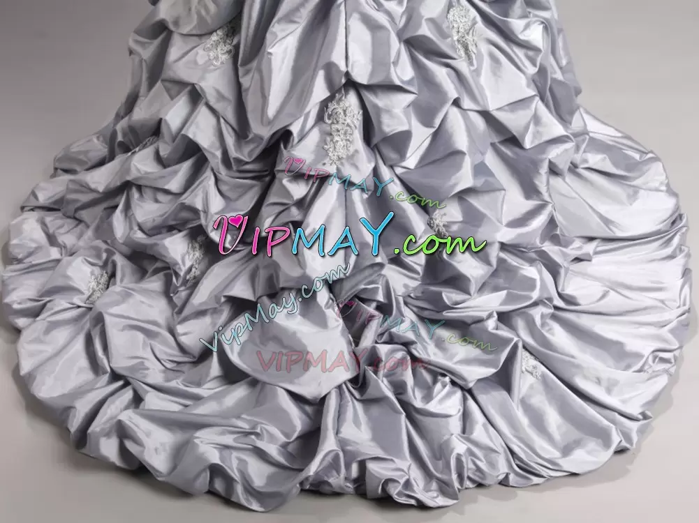 Silver Taffeta and Tulle Lace Up 15th Birthday Dress Sleeveless Brush Train Beading and Appliques and Pick Ups