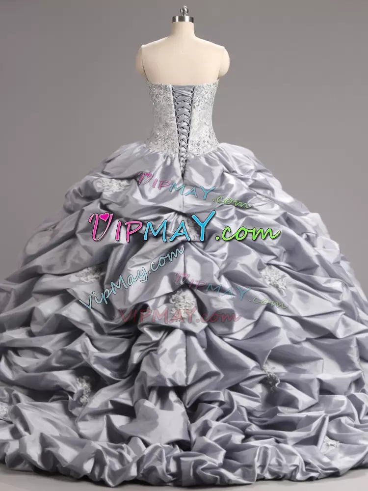 Silver Taffeta and Tulle Lace Up 15th Birthday Dress Sleeveless Brush Train Beading and Appliques and Pick Ups