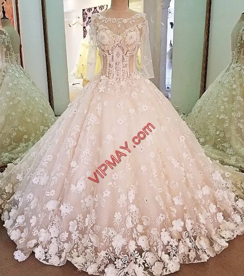 Artistic Pink Scoop Lace Up Beading and Hand Made Flower Sweet 16 Dress Cathedral Train 3 4 Length Sleeve