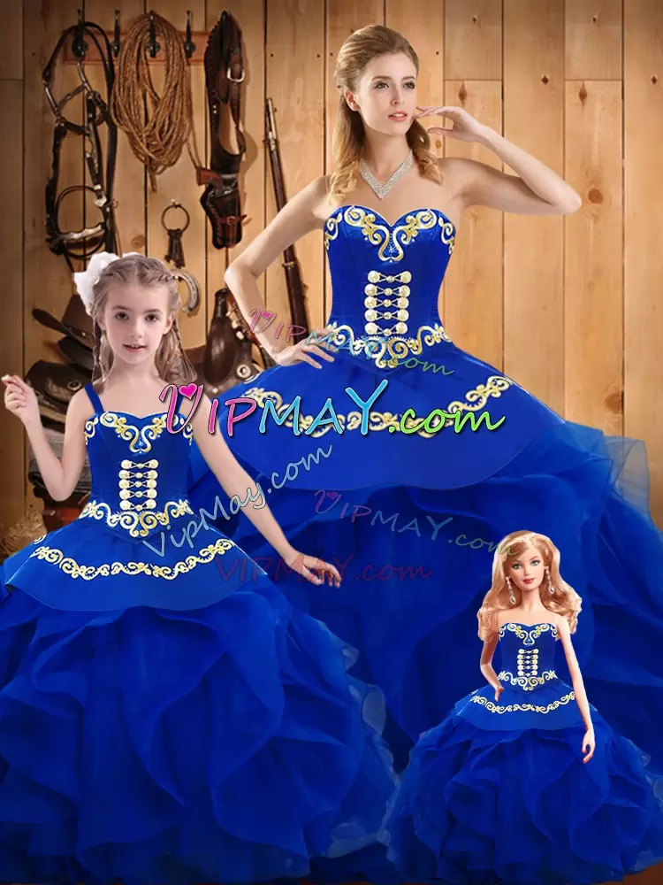 Royal Blue Lace Up 15th Birthday Dress Ruffles Sleeveless Floor Length