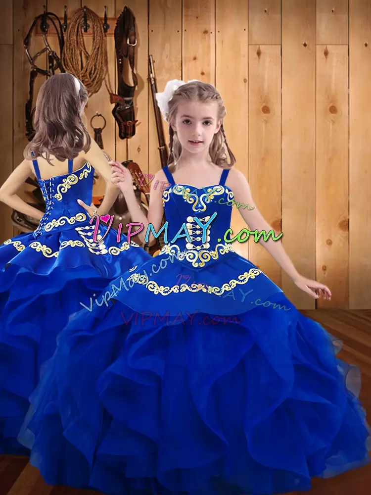 Royal Blue Lace Up 15th Birthday Dress Ruffles Sleeveless Floor Length