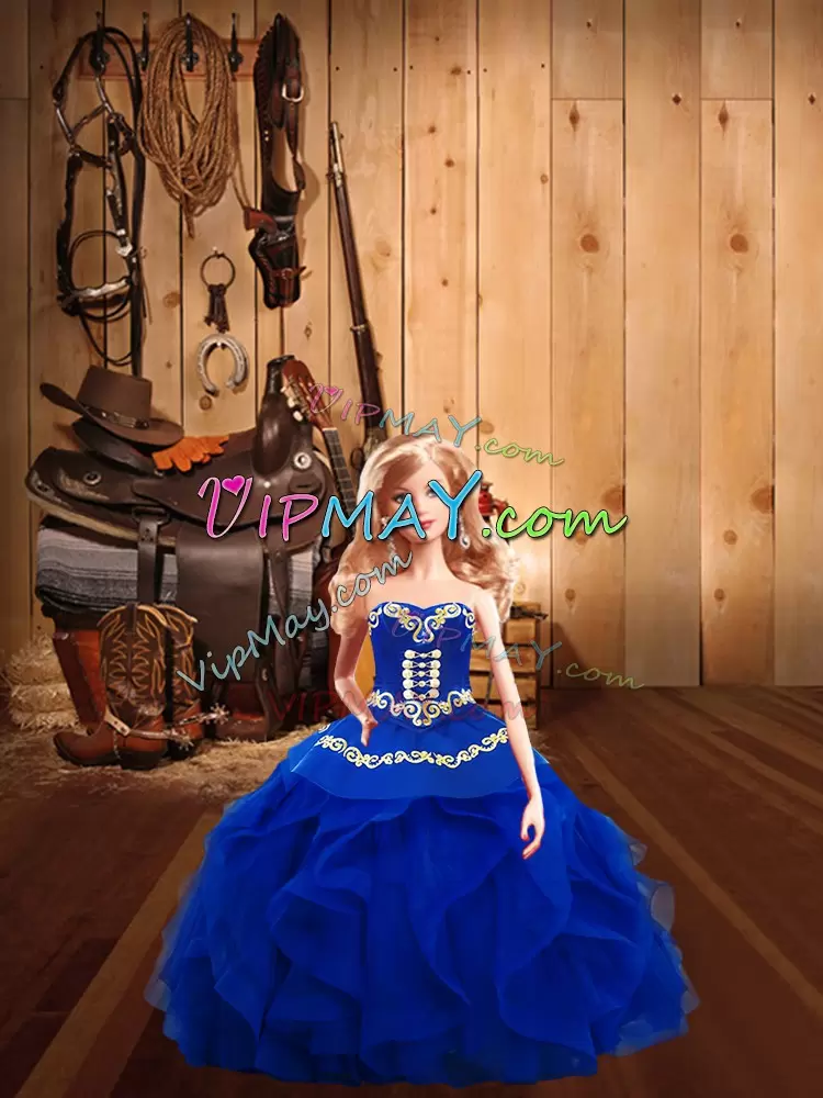 Royal Blue Lace Up 15th Birthday Dress Ruffles Sleeveless Floor Length