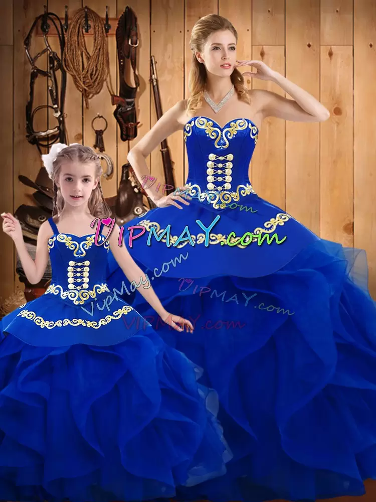 Royal Blue Lace Up 15th Birthday Dress Ruffles Sleeveless Floor Length