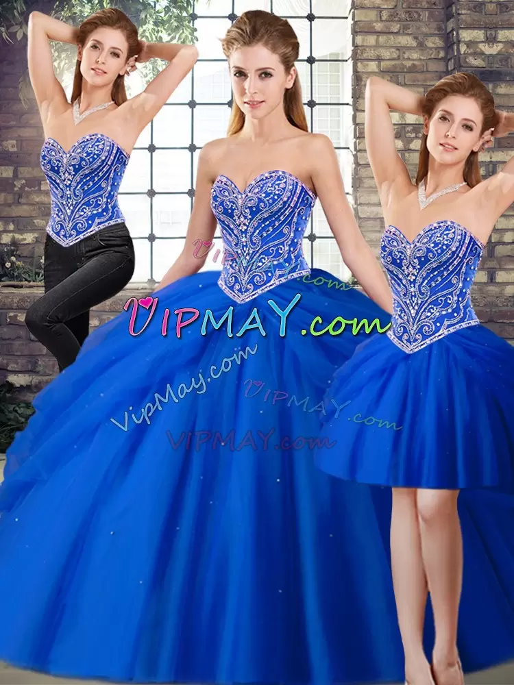 Tulle Sweetheart Sleeveless Brush Train Lace Up Beading and Pick Ups Sweet 16 Dress in Royal Blue