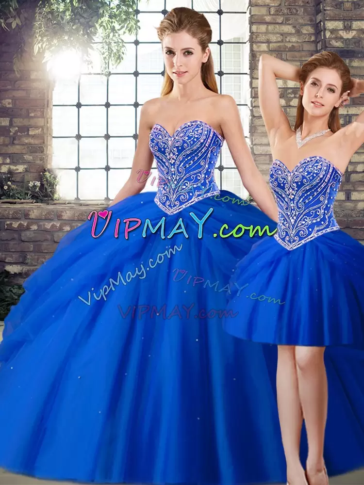 Tulle Sweetheart Sleeveless Brush Train Lace Up Beading and Pick Ups Sweet 16 Dress in Royal Blue