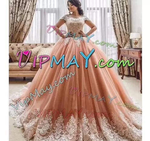 Free and Easy Peach Off The Shoulder Neckline Appliques 15th Birthday Dress Sleeveless Lace Up