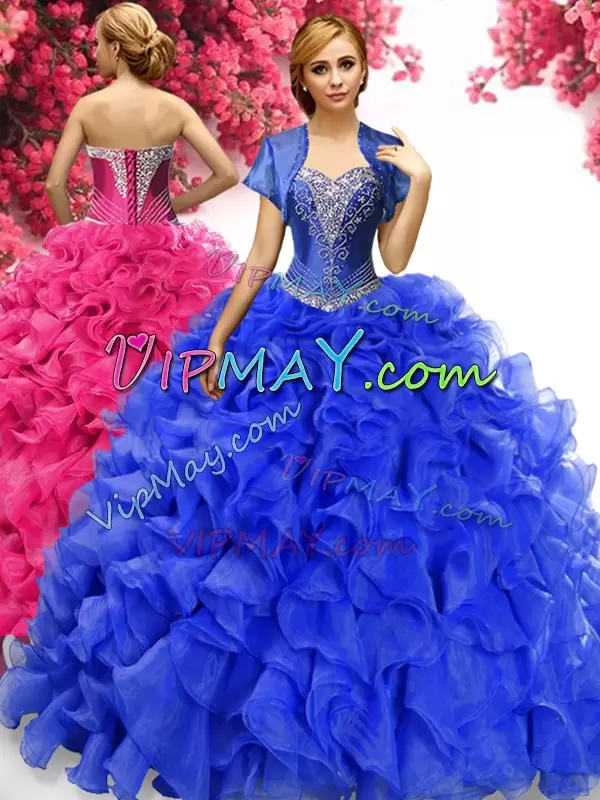 Romantic Sweetheart Sleeveless Organza Quinceanera Dresses Beading and Ruffles Sweep Train Lace Up