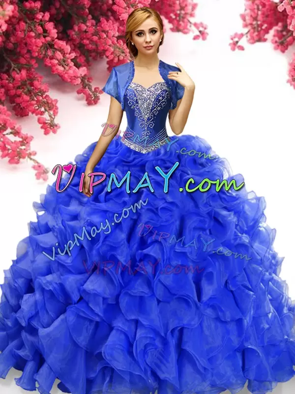 Romantic Sweetheart Sleeveless Organza Quinceanera Dresses Beading and Ruffles Sweep Train Lace Up