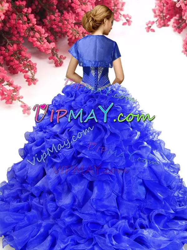 Romantic Sweetheart Sleeveless Organza Quinceanera Dresses Beading and Ruffles Sweep Train Lace Up