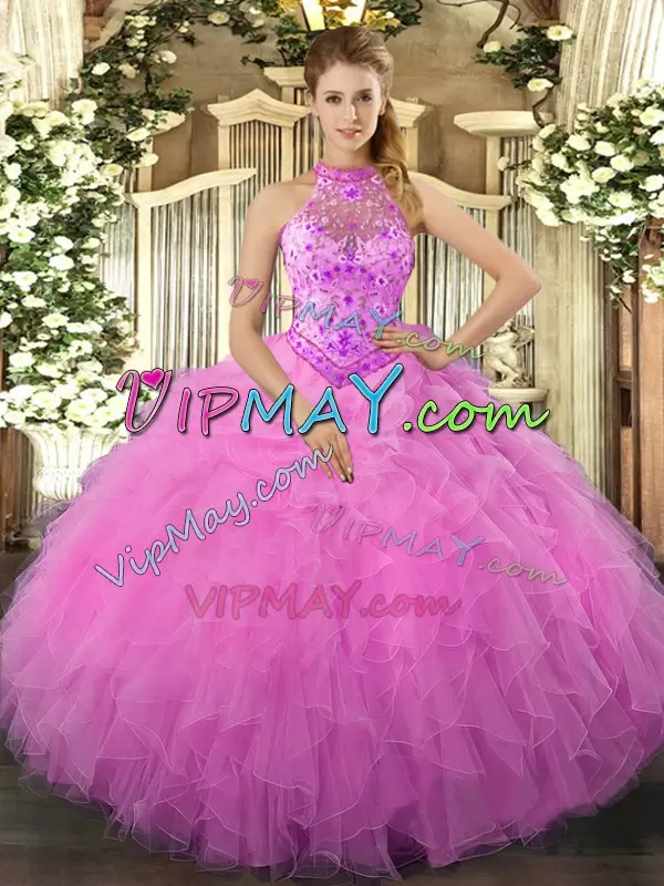 Fitting Rose Pink Sleeveless Beading and Ruffles Floor Length 15 Quinceanera Dress