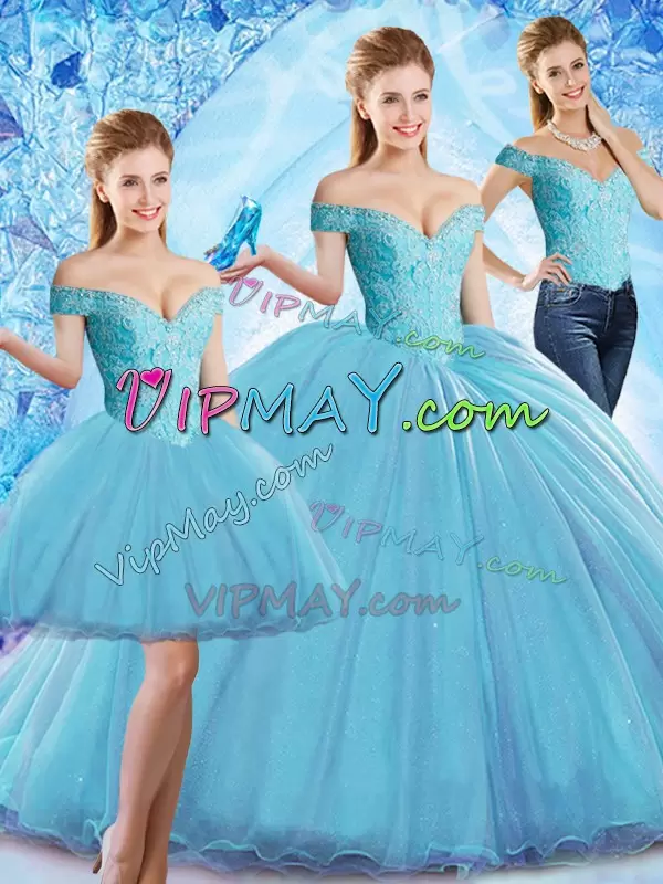 Fashionable Organza Off The Shoulder Sleeveless Sweep Train Lace Up Beading 15th Birthday Dress in Baby Blue