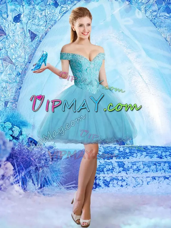 Fashionable Organza Off The Shoulder Sleeveless Sweep Train Lace Up Beading 15th Birthday Dress in Baby Blue