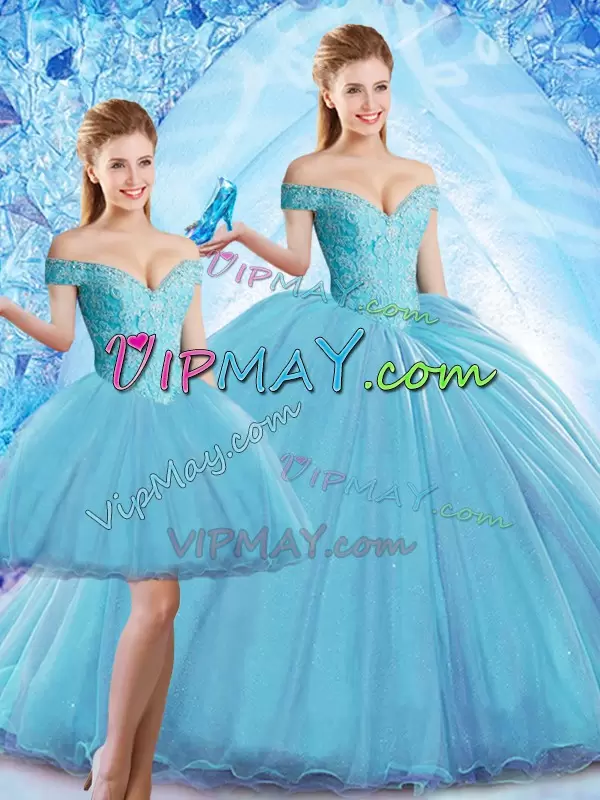 Fashionable Organza Off The Shoulder Sleeveless Sweep Train Lace Up Beading 15th Birthday Dress in Baby Blue