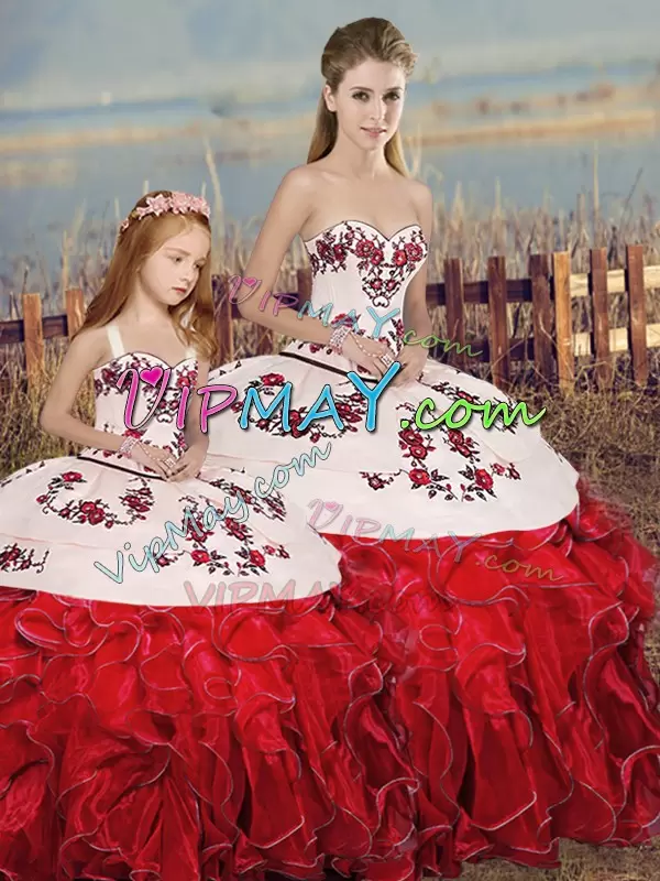 Organza Sleeveless Floor Length 15th Birthday Dress and Embroidery and Ruffles and Bowknot