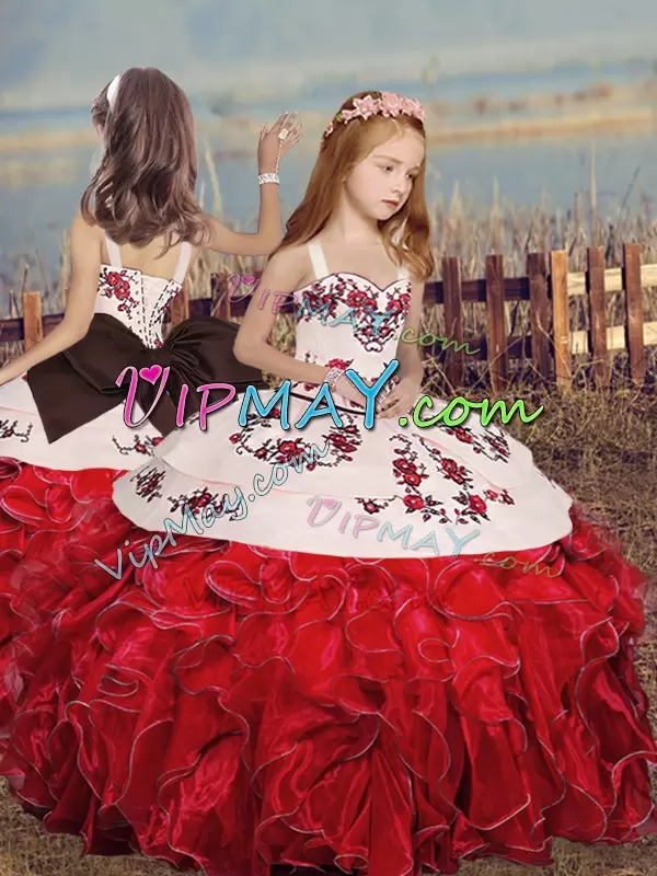 Organza Sleeveless Floor Length 15th Birthday Dress and Embroidery and Ruffles and Bowknot