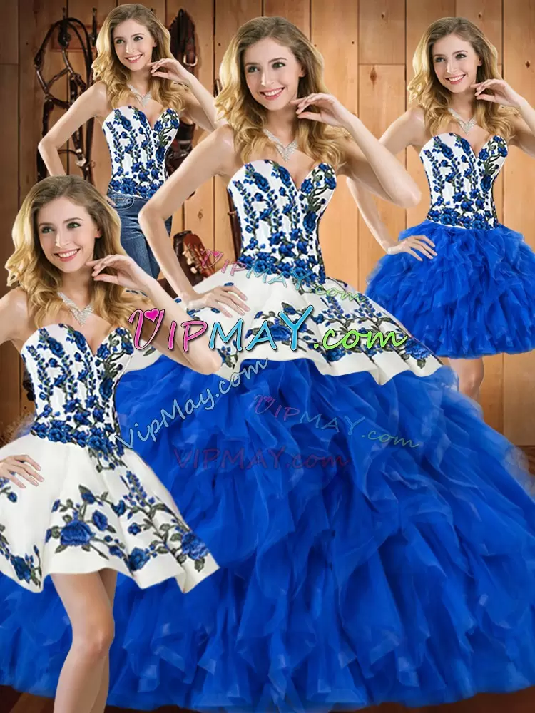 Blue Ball Gowns Satin and Organza Sweetheart Sleeveless Embroidery and Ruffles Floor Length Lace Up Quince Ball Gowns