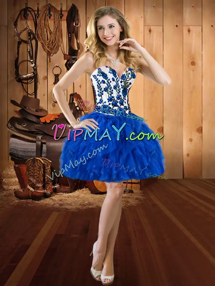 Blue Ball Gowns Satin and Organza Sweetheart Sleeveless Embroidery and Ruffles Floor Length Lace Up Quince Ball Gowns