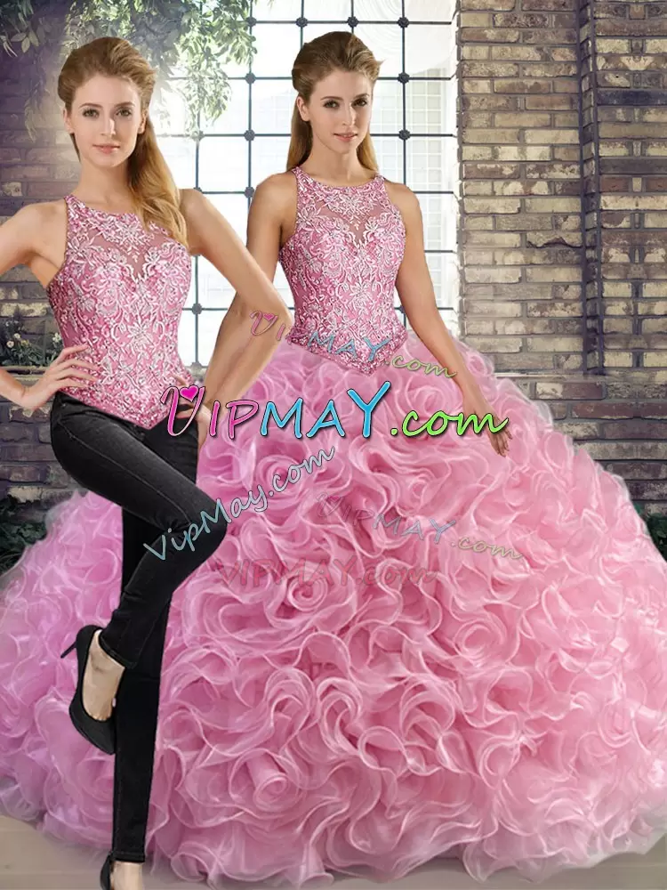 Dynamic Floor Length Rose Pink Quinceanera Dress Scoop Sleeveless Lace Up