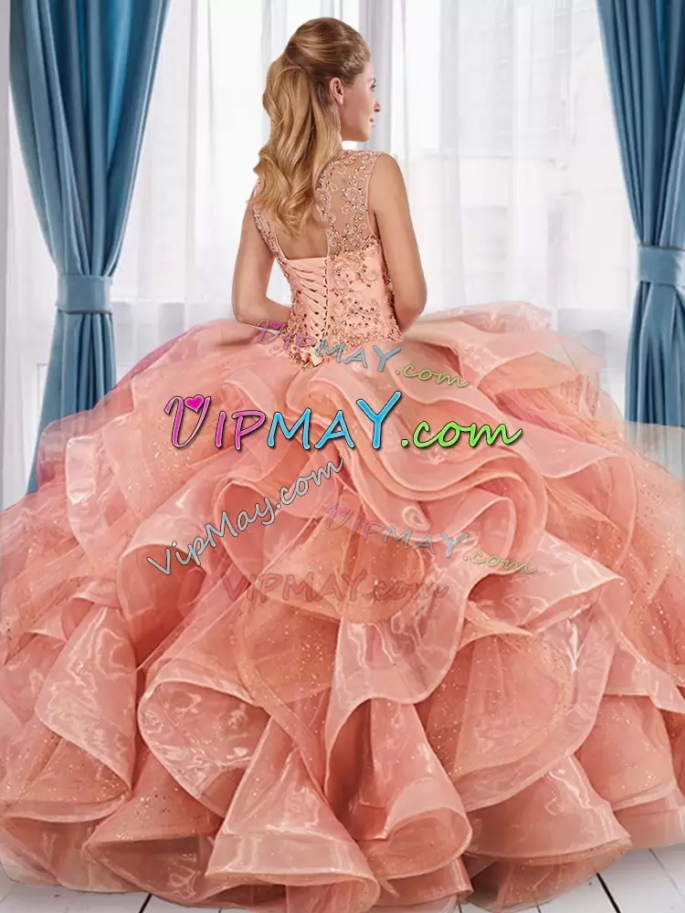 Beautiful Organza Scoop Sleeveless Lace Up Beading Ball Gown Prom Dress in Peach