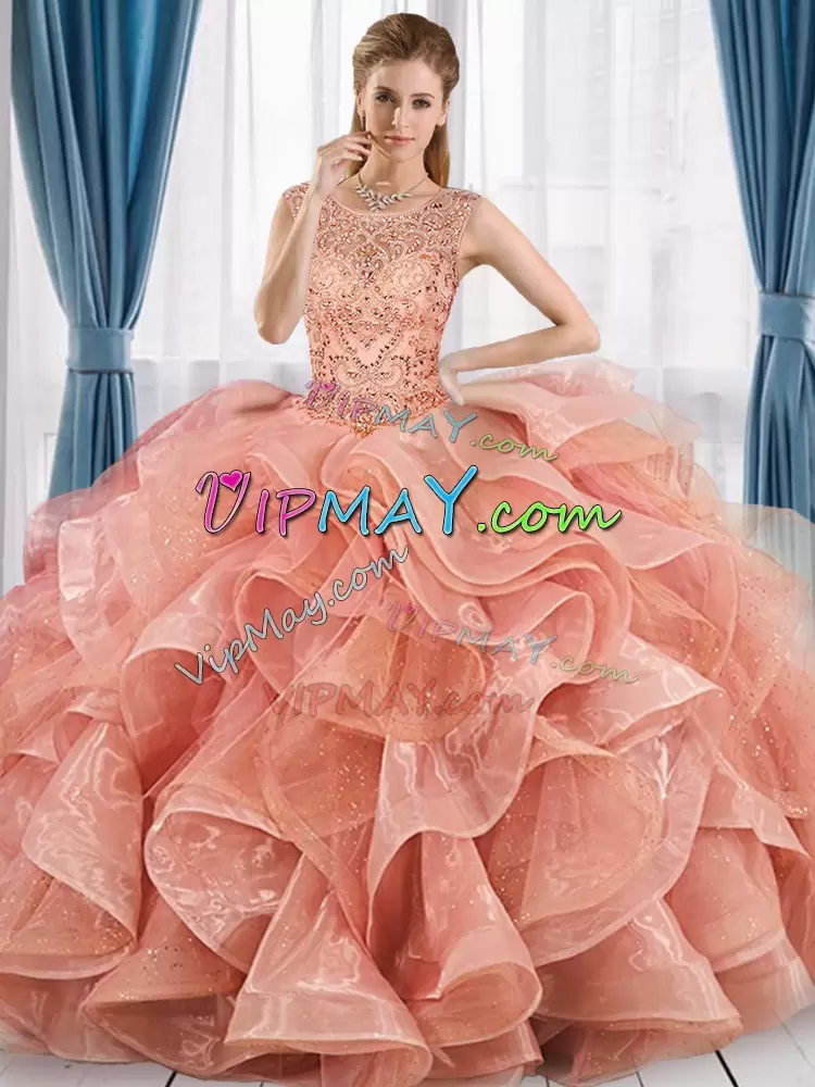 Beautiful Organza Scoop Sleeveless Lace Up Beading Ball Gown Prom Dress in Peach