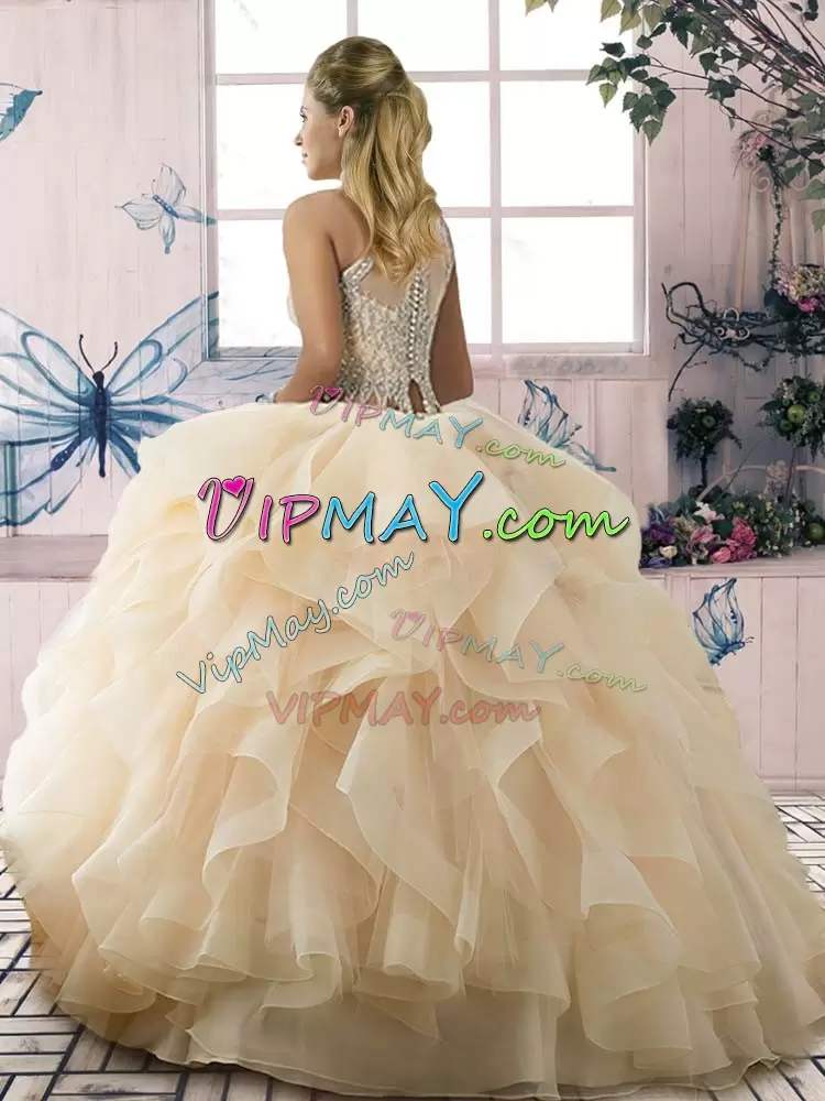 Ball Gowns Quinceanera Dress Champagne Scoop Tulle Sleeveless Floor Length Lace Up