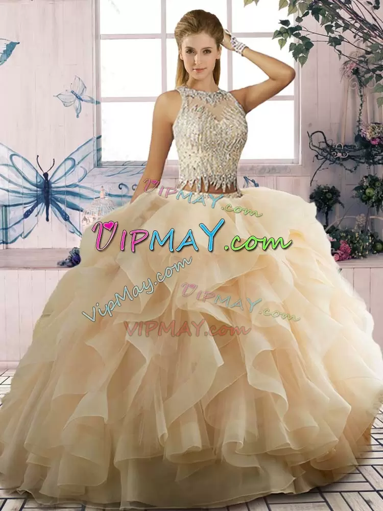 Ball Gowns Quinceanera Dress Champagne Scoop Tulle Sleeveless Floor Length Lace Up