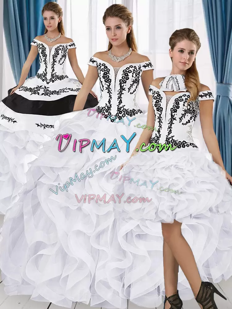 Classical White And Black Off The Shoulder Lace Up Embroidery and Ruffles Vestidos de Quinceanera Short Sleeves