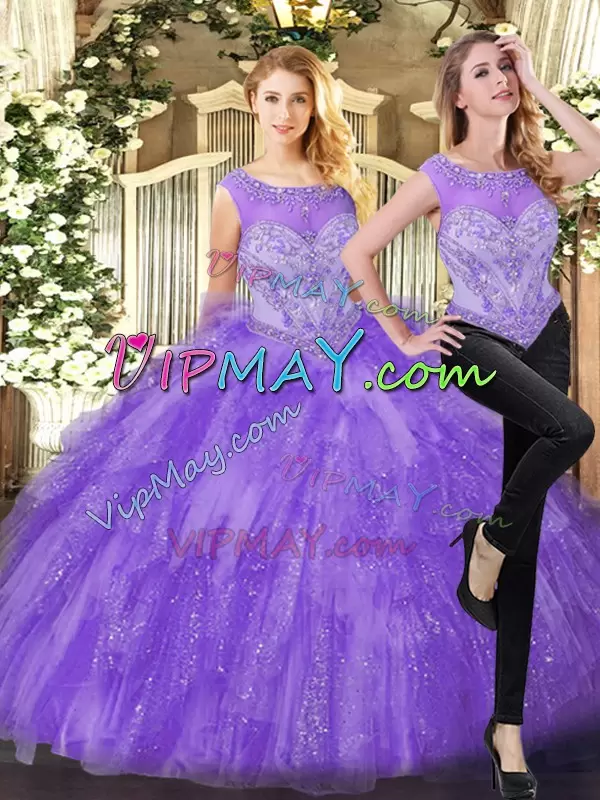 Eggplant Purple Ball Gowns Scoop Sleeveless Organza Floor Length Zipper Beading and Ruffles Quinceanera Gowns