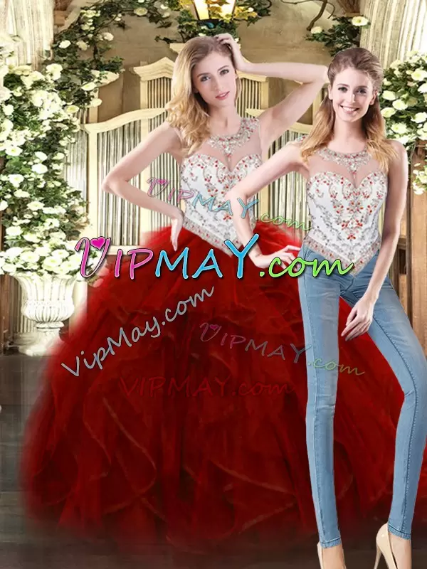 Stunning Wine Red Quinceanera Dresses Military Ball and Sweet 16 and Quinceanera with Beading and Ruffles Scoop Sleeveless Zipper