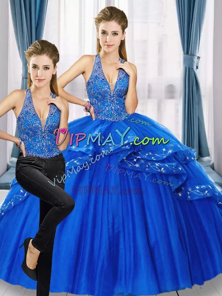 Charming Royal Blue Quinceanera Dress Sweet 16 and Quinceanera with Beading V-neck Sleeveless Lace Up