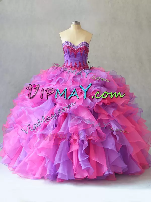 Noble Multi-color Lace Up 15th Birthday Dress Beading and Ruffles Sleeveless