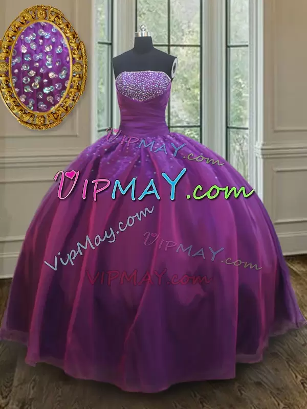 Inexpensive Organza Strapless Sleeveless Lace Up Beading 15th Birthday Dress in Purple