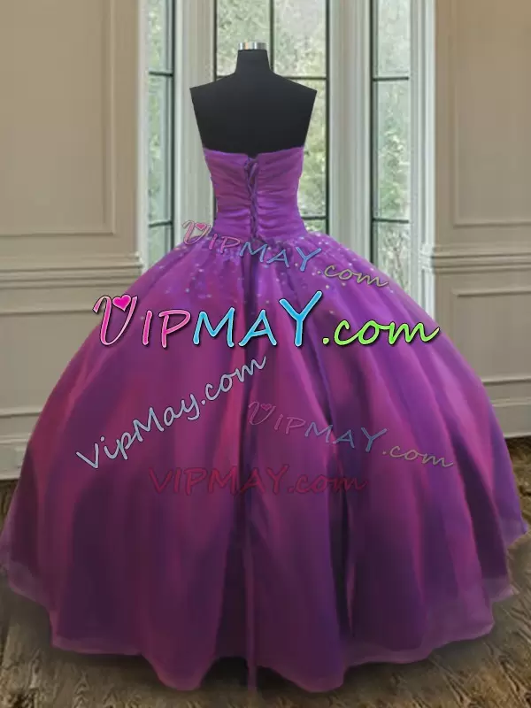 Inexpensive Organza Strapless Sleeveless Lace Up Beading 15th Birthday Dress in Purple