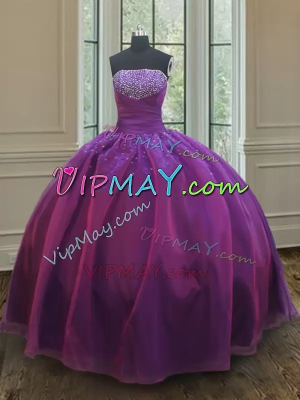 Inexpensive Organza Strapless Sleeveless Lace Up Beading 15th Birthday Dress in Purple