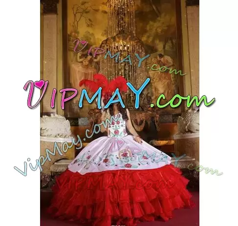 Western White And Red Satin Organza Lace Up Quinceanera Dress Long Embroidery