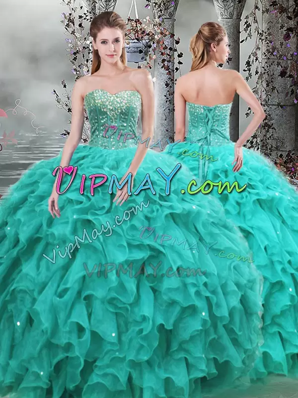 Deluxe Floor Length Ball Gowns Sleeveless Turquoise Vestidos de Quinceanera Lace Up