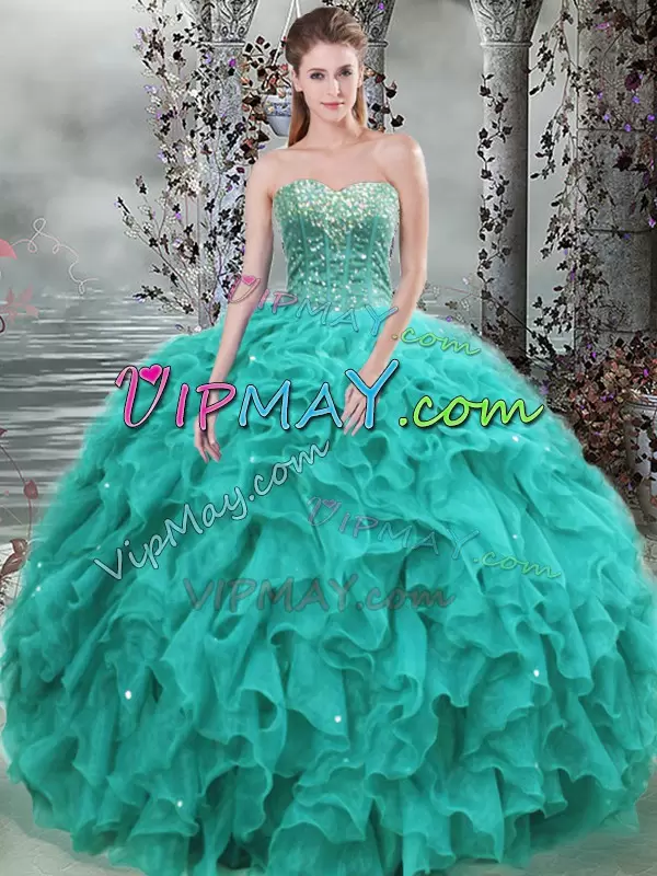 Deluxe Floor Length Ball Gowns Sleeveless Turquoise Vestidos de Quinceanera Lace Up