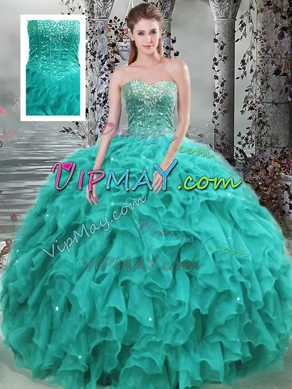 Deluxe Floor Length Ball Gowns Sleeveless Turquoise Vestidos de Quinceanera Lace Up