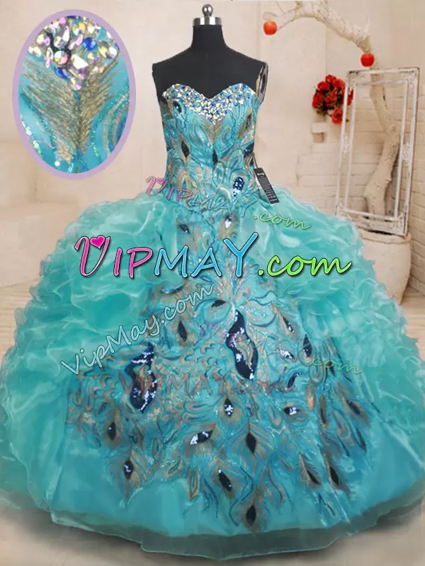 Inexpensive Teal Zipper Sweetheart Beading and Embroidery and Ruffles Vestidos de Quinceanera Organza Sleeveless