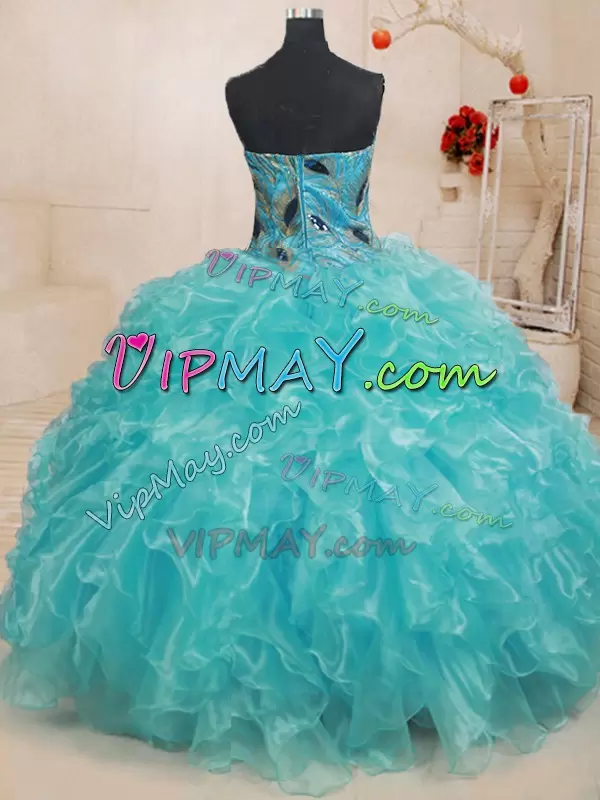 Inexpensive Teal Zipper Sweetheart Beading and Embroidery and Ruffles Vestidos de Quinceanera Organza Sleeveless