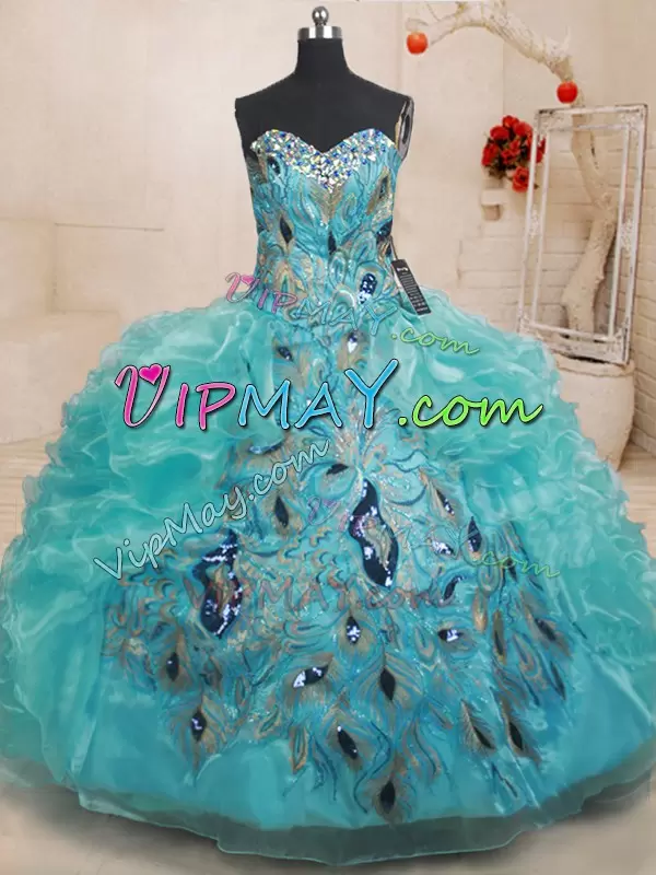 Inexpensive Teal Zipper Sweetheart Beading and Embroidery and Ruffles Vestidos de Quinceanera Organza Sleeveless