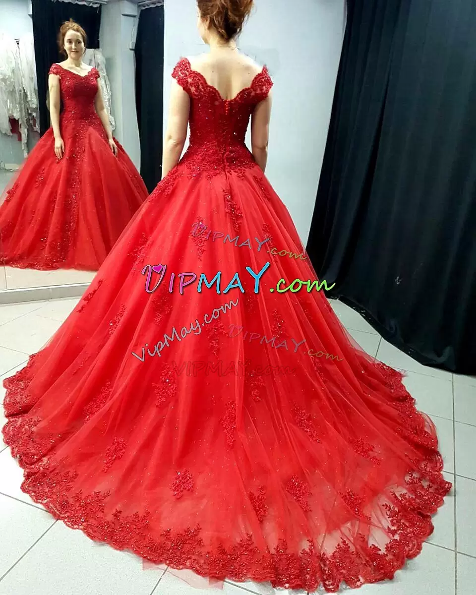 Beading and Appliques 15 Quinceanera Dress Red Zipper Cap Sleeves With Train Court Train