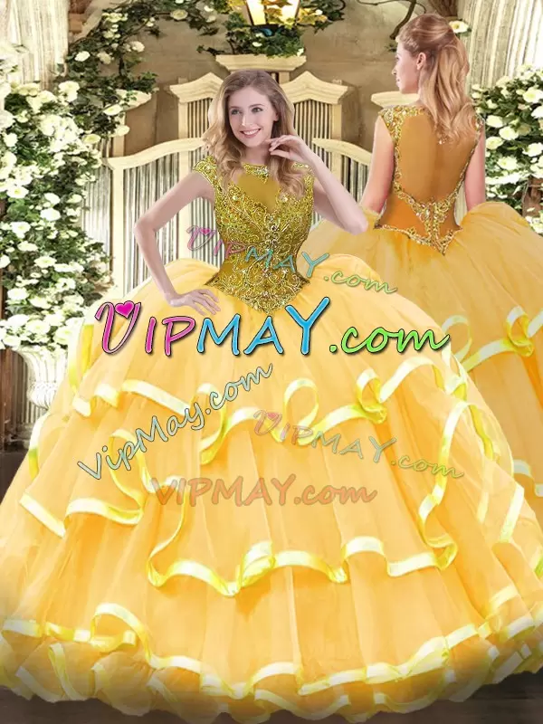 Popular Scoop Cap Sleeves Zipper 15 Quinceanera Dress Gold Organza Beading and Ruffled Layers