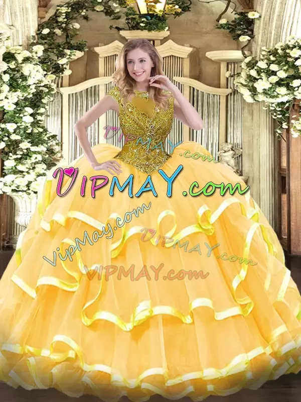 Popular Scoop Cap Sleeves Zipper 15 Quinceanera Dress Gold Organza Beading and Ruffled Layers