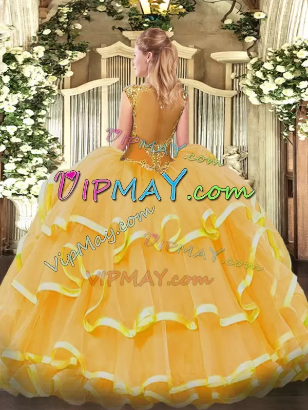 Popular Scoop Cap Sleeves Zipper 15 Quinceanera Dress Gold Organza Beading and Ruffled Layers