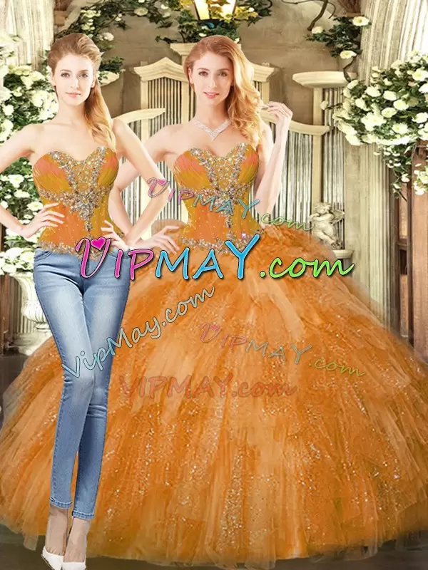 Orange Red Two Pieces Beading and Ruffles 15th Birthday Dress Lace Up Organza Sleeveless Floor Length