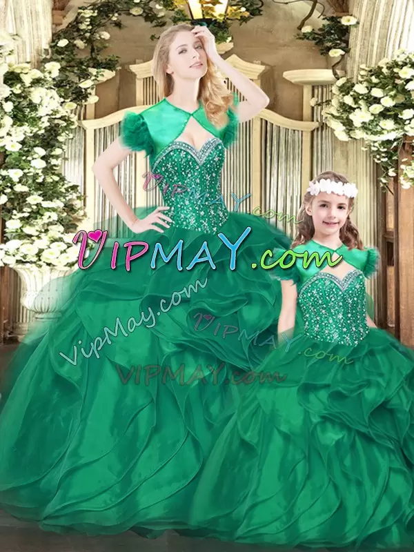 Flare Green Ball Gowns Beading and Ruffles Quinceanera Gown Lace Up Organza Sleeveless Floor Length